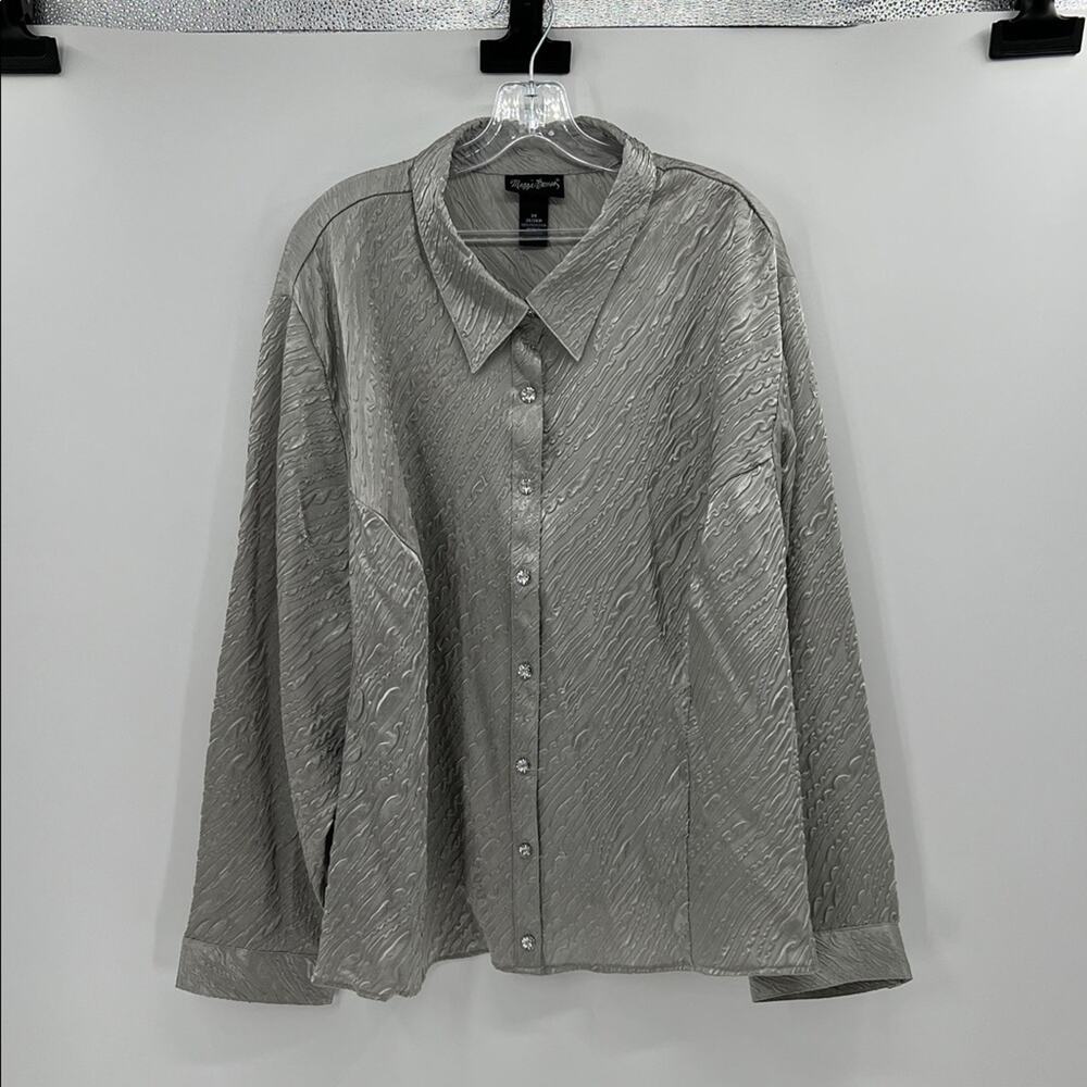 Maggie Barnes Metallic Button Down Long Sleeve Blouse - Pewter - 3X